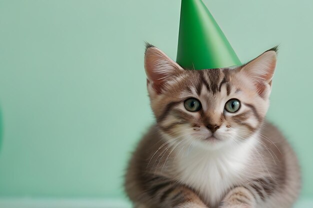 Foto kitten in een groene feesthoed kijkt naar de camera met een groene ballon op de achtergrond verjaardag