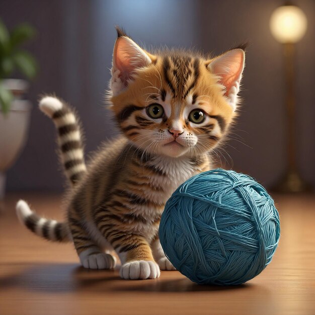 a kitten is next to a ball with a ball of yarn