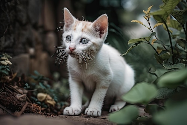 A kitten is frolicking in the garden