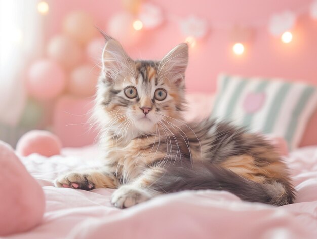 a kitten is laying on a bed with a pink background with the words quot the pink heart quot