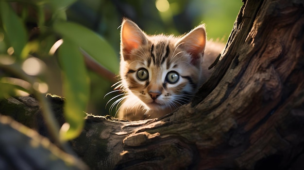 a kitten is looking out of a tree.