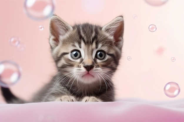 a kitten is sitting on a bed with bubbles