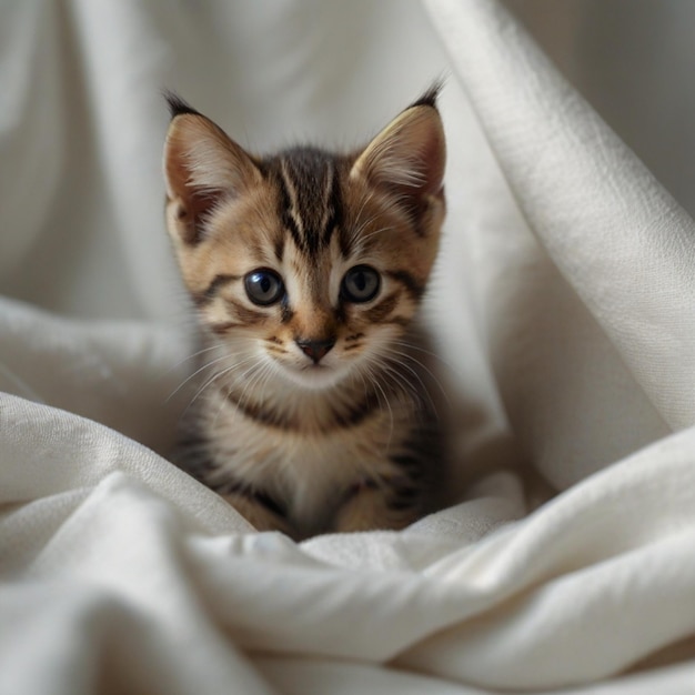 a kitten is sitting on a white sheet with a white sheet