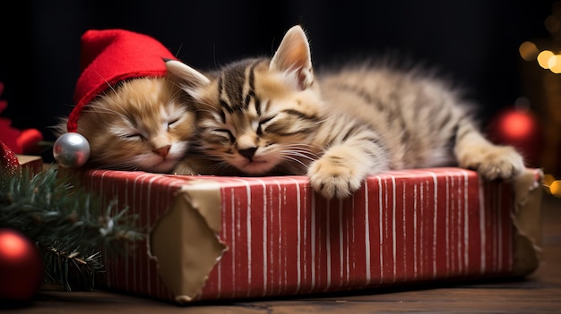 새끼 고양이는 크리스마스의 파란 상자에 잠을 자고 있습니다