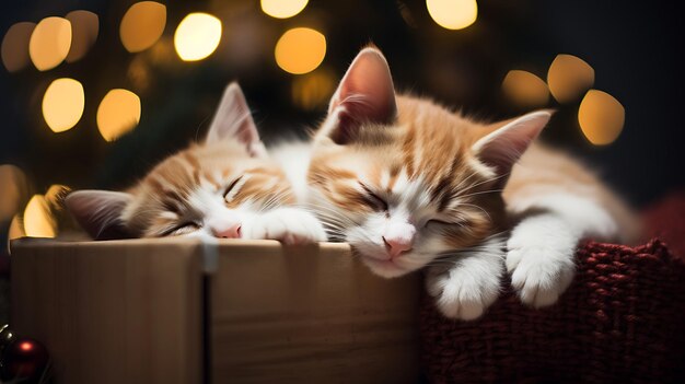 kitten is sleeping on a blue boxes of Christmas