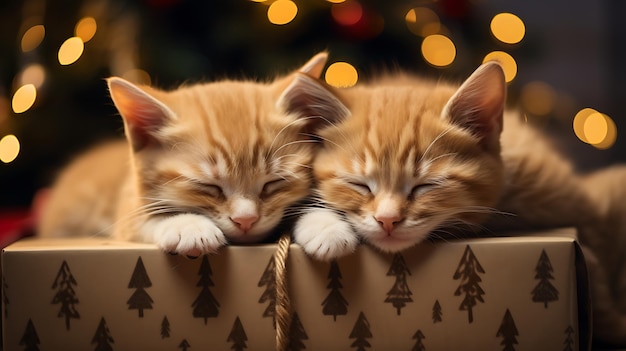 クリスマスの青い箱の上で寝ている子猫