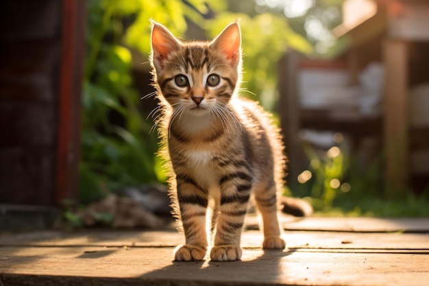 子猫が木製のプラットフォームに立っています