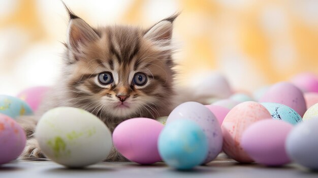 A kitten is surrounded by colorful easter eggs ai