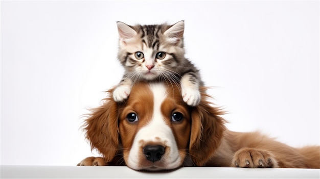 A kitten is on top of a dog and has a kitten on his head.