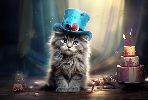 a kitten is wearing a birthday hat and sitting near a cake