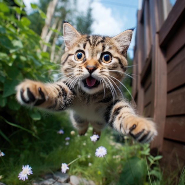 カメラに向かってスローモーションでジャンプする子猫