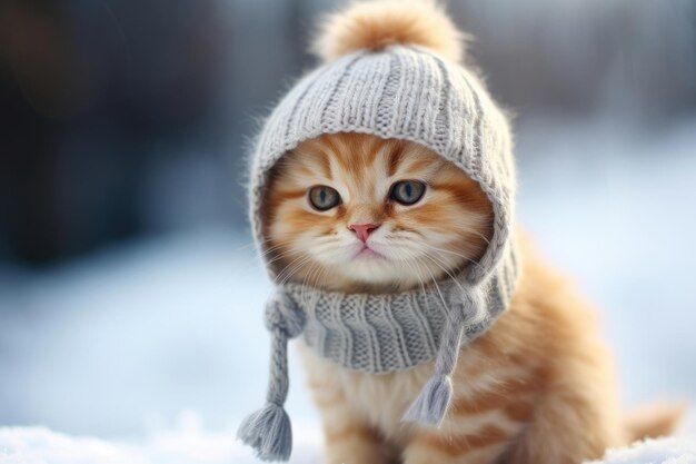 Kitten in a knitted woolen hat in winter
