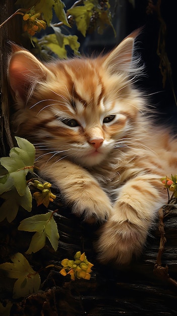 a kitten laying on a plant with a green plant in the background.