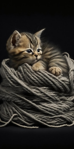 Kitten laying on top of a pile of yarn generative ai