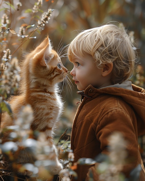 Foto un gattino e un ragazzino esplorano lo sfondo