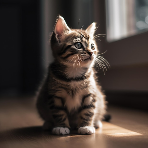 A kitten looking out a window with the sun shining on it.