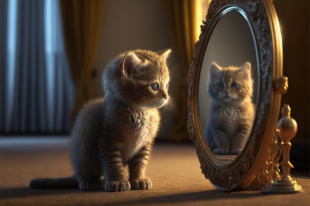 Kitten looking at round mirror on table male lion inside mirror