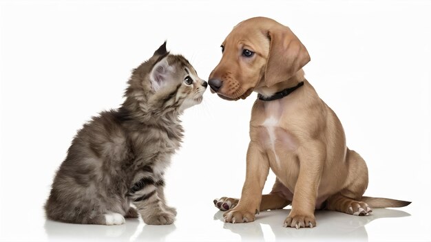 Photo kitten and magyar vizsla puppy smelling each other isolated on white