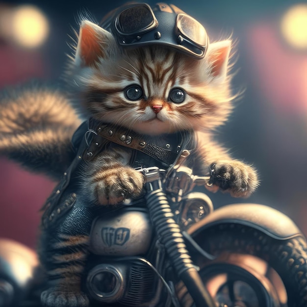 A kitten on a motorcycle