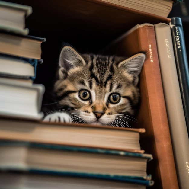 Котенок выглядывает из-за книжной полки Генерирующее изображение AI