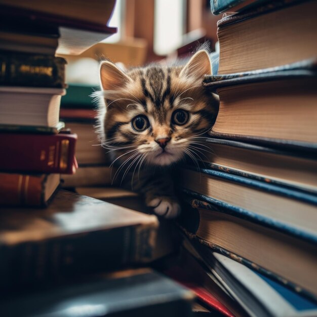 A kitten peeking out from behind a stack of books Generative AI image