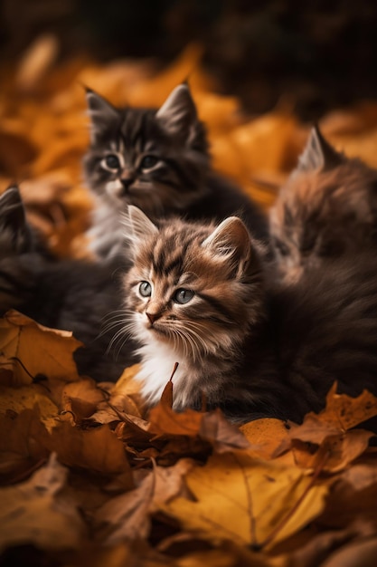 落ち葉の山の中にいる子猫