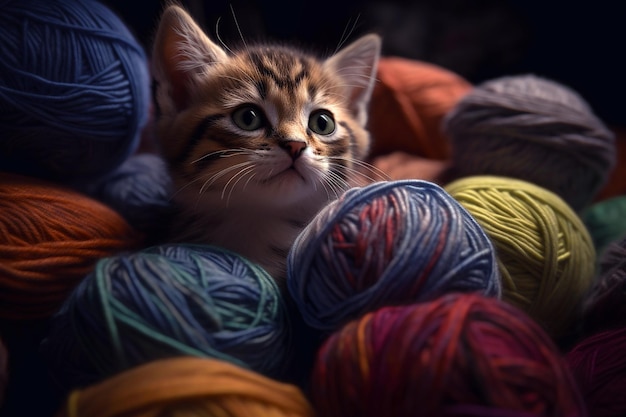 A kitten in a pile of yarn with a blue eye.