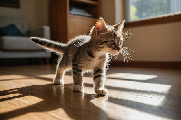 Kitten playing in sunlit room