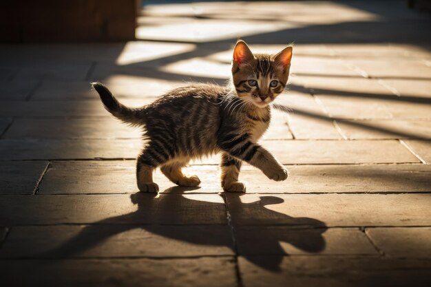 Kitten playing in sunlit room