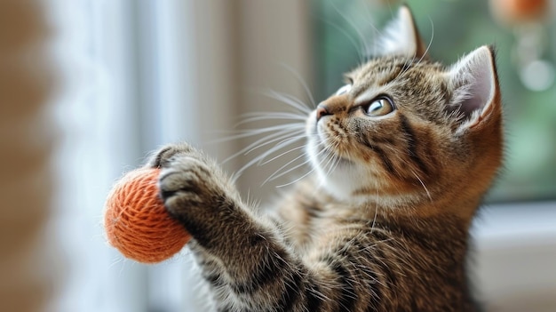 A kitten playing with a ball of yarn by the window ai