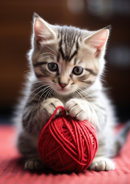 a kitten playing with a ball of yarn