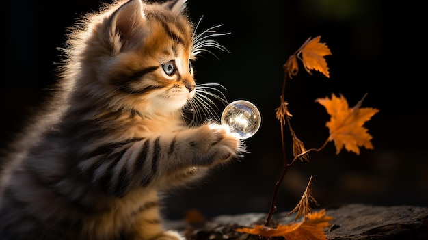 Foto un gattino che gioca con una bolla e una foglia