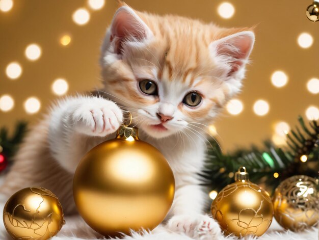 A kitten playing with a christmas ball