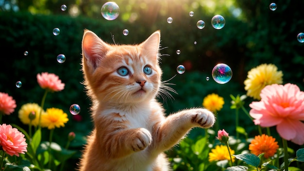 A kitten playing with soap bubbles on a spring afternoon