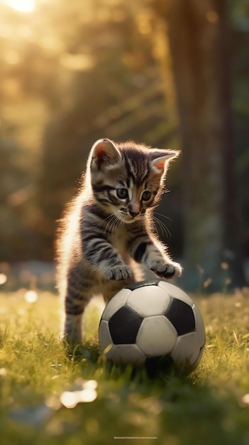 A kitten playing with a soccer ball