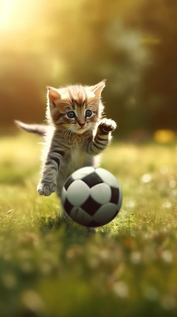 A kitten playing with a soccer ball