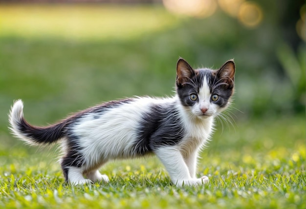 Photo kitten plays with dandelion in sunlit meadow