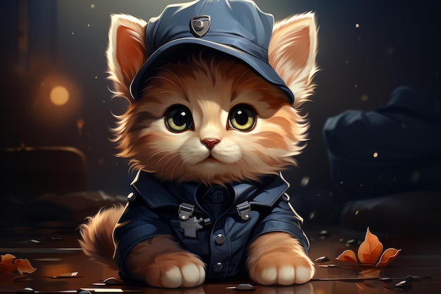 경찰복을 입은 새끼 고양이 아름다운 일러스트 사진 생성 AI