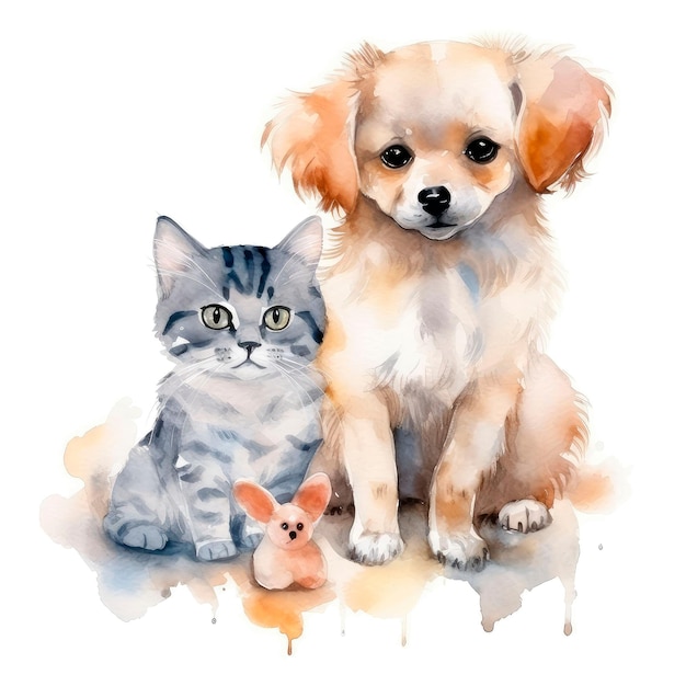 Kitten and puppy on a colored background Watercolor Illustration Template