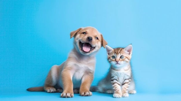 Kitten And Puppy Licking Happy Cute On Blue Background Generative AI