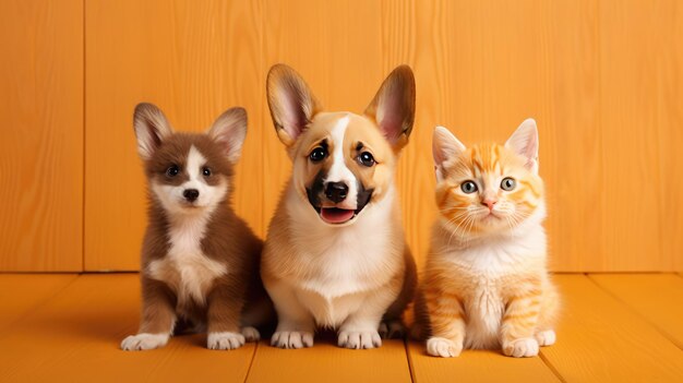 Photo kitten and puppy together on orange background