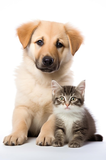 Kitten and puppy on white background