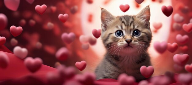 kitten in red and pink hearts as background Concept of postcard or banner for Valentine's Day