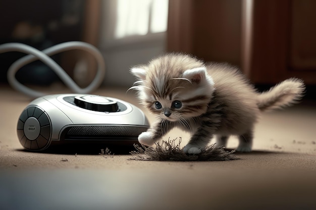 Kitten riding robotic vacuum cleaner chasing after dust bunnies