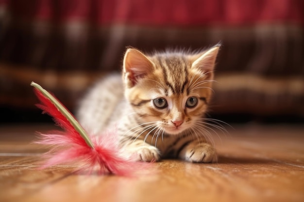 Kitten rolling on the floor playing with a feather toy created with generative ai