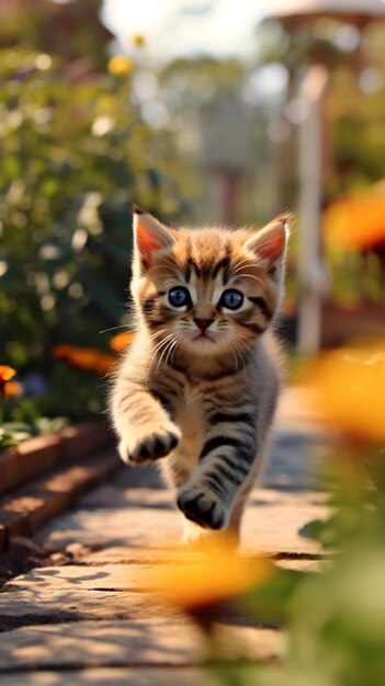 A kitten running on a path in the garden.