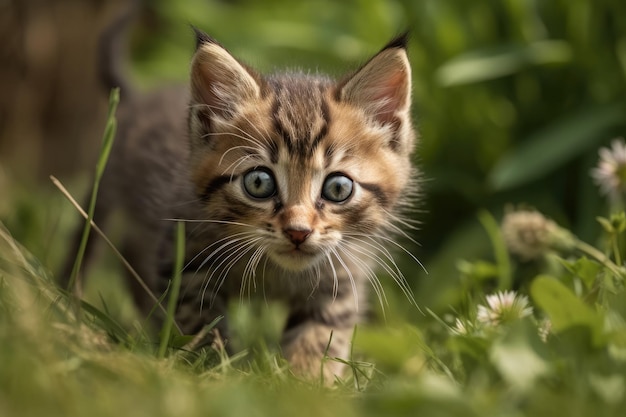 Kitten running and rolling on grass