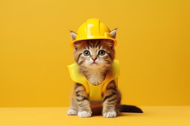 노란색 배경 에 안전 장비 를 입은 새끼 고양이