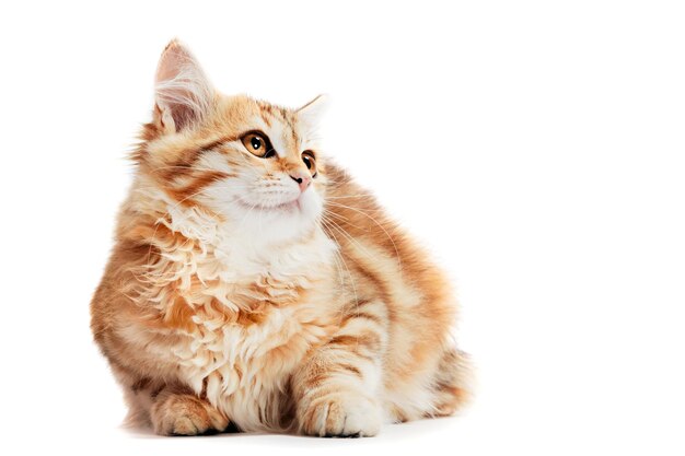 Котенок сибирской кошки со счастливым выражением лица изолирован на белом фоне. Чистокровный рыжий цветотип.