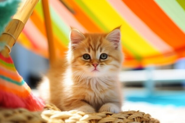 A kitten sits in a basket under a rainbow umbrella.